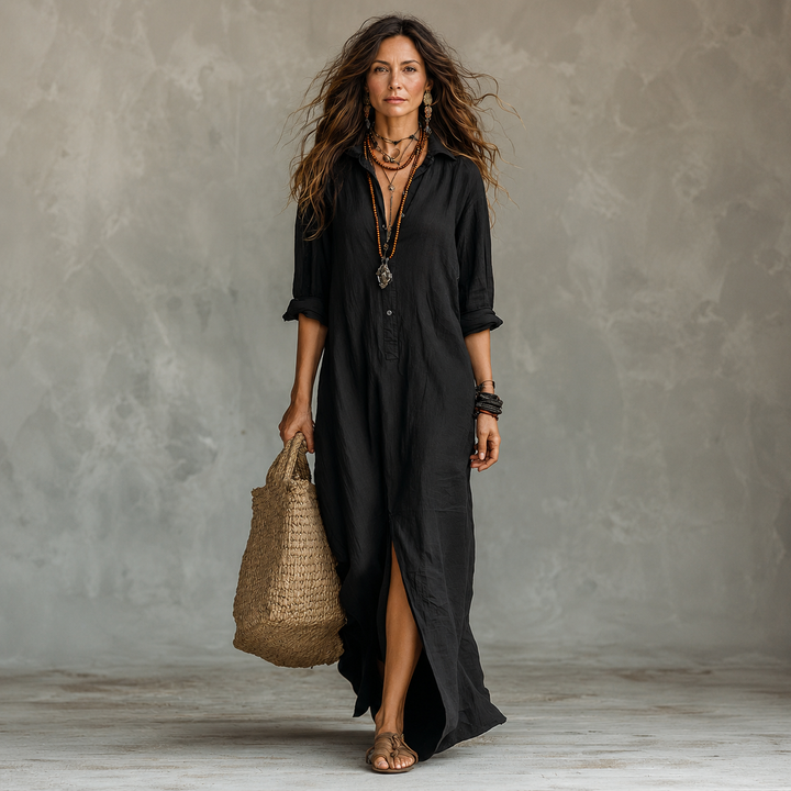 Soline™ | Robe maxi noire fluide avec boutons